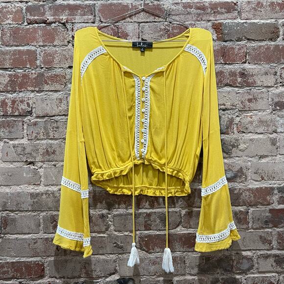 Lulus Embroidered‎ Crop Top Yellow Boho Blouse Size Small - Picture 4 of 9